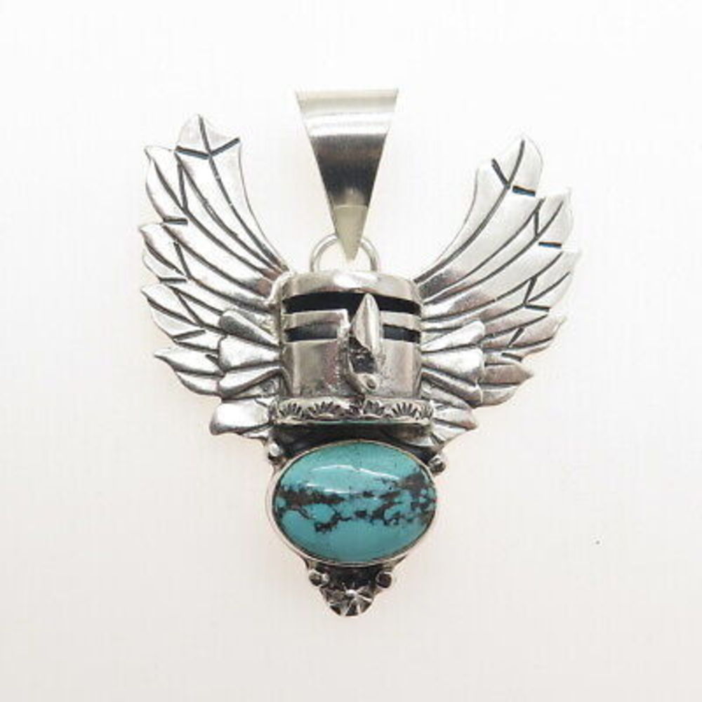 ROIE JAQUE NAVAJO Old Pawn 925 Sterling Silver Peacock Turquoise Eagle Pendant - Picture 5 of 6